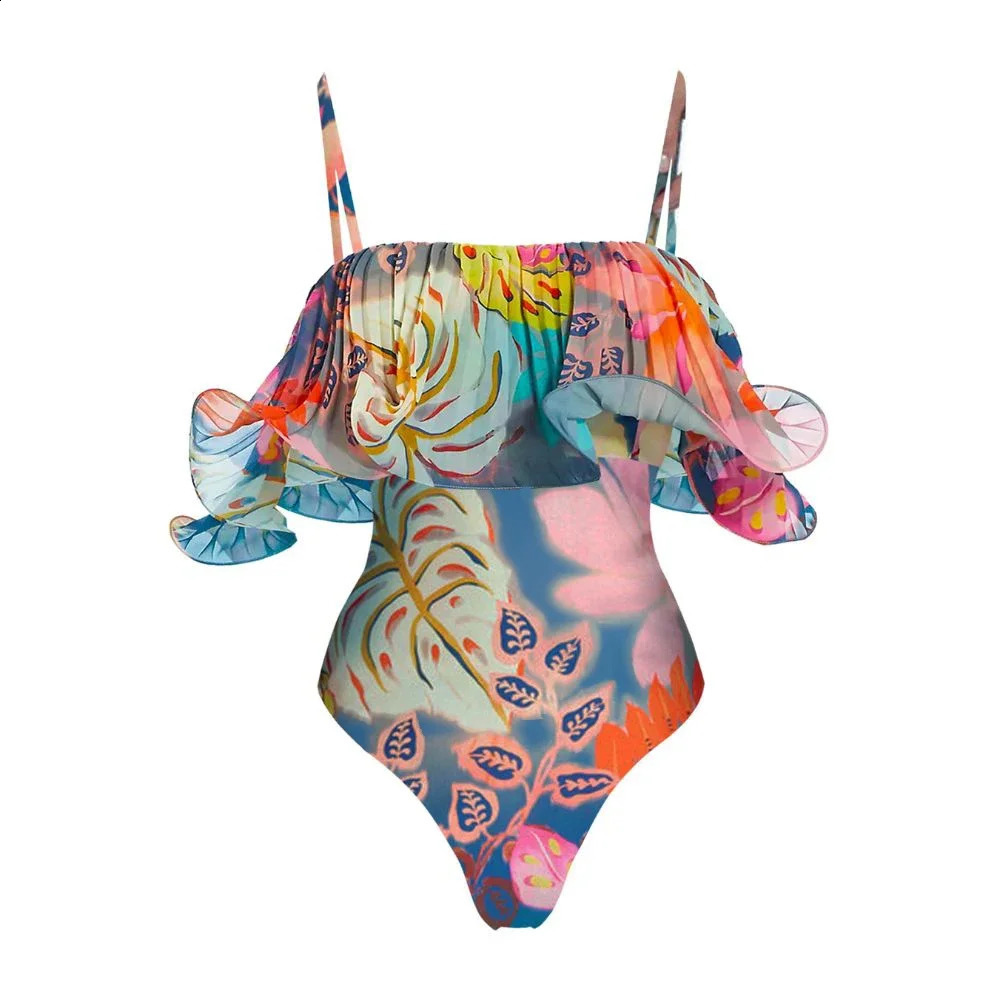 FLAXMAKER Flowers Printed One Piece Swimsuit and Skirt Women Beachwear Bathing Suit 250526