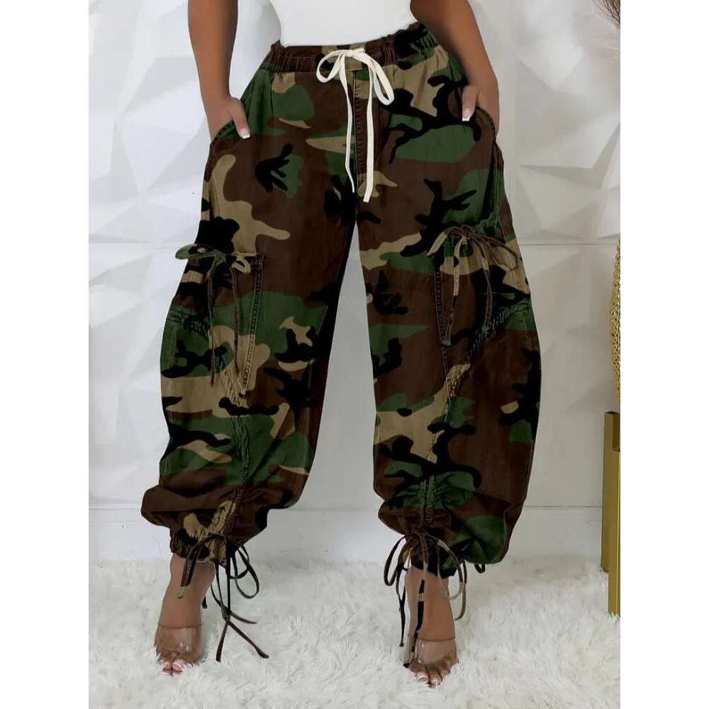 Women Streetwear Drawstring Fashion Pants 2024 Autumn Winter Camouflage Print Loose Safari Cargo Harem Hip Hop Trousers