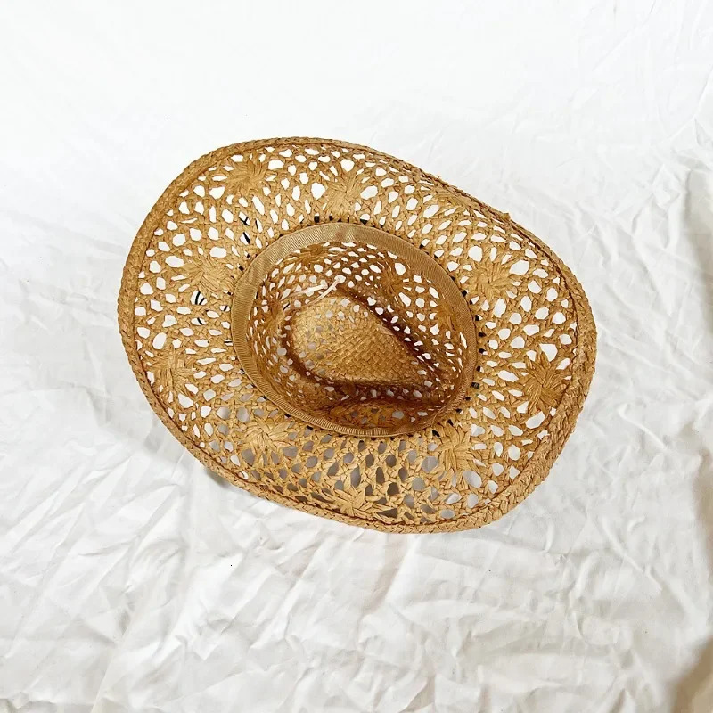 Summer Womens Mens Ethnic Style Western Cowboy Straw Hat Punk Style Handmade Hollow Sun Hat Rolled Edge Sunscreen Beach Cap 250526
