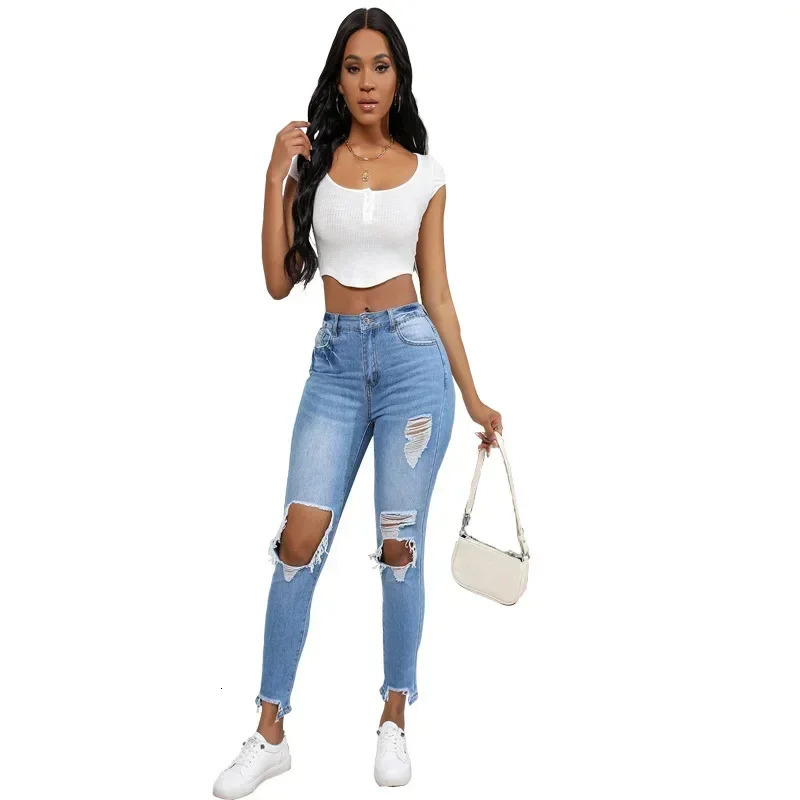 Women Jeans Holes Distressed Pencil Pants Denim Pockets Sexy High Waist Washing Zipper Fly Slim Fit Ankle Length Summer 250516Z