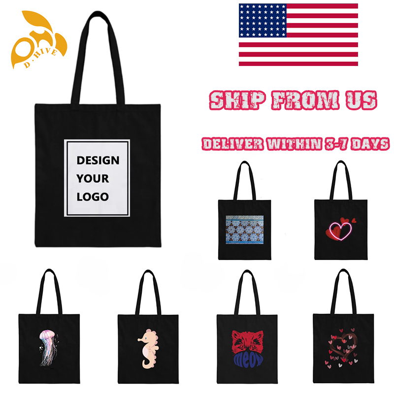 Free TOP fashion designers customize lightweight and high-quality black full-print canvas tote DIY bags shipping from the United States please contact