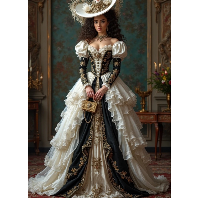 Vintage Baroque Style Prom Dresses Black And White Long Sleeves Renaissance Evening Gown Lace Applique Ruffles Special Occasion Wear