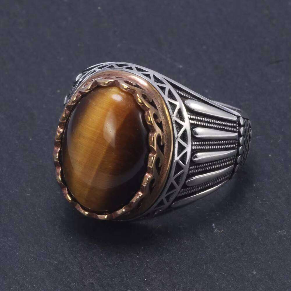 Sier Gems Stone Mens Ring Big Turkish Rings for Men With Green Red Tiger Eyes Stones Vintage Turkey Jewelry