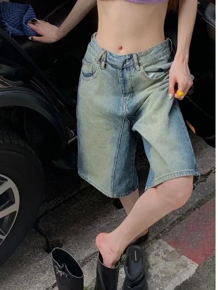Summer Women Retro Nostalgic Washed Denim Straight Leg Shorts Fashion Street Wear Loose Fitting Womens Versatile Jeans 250516Z