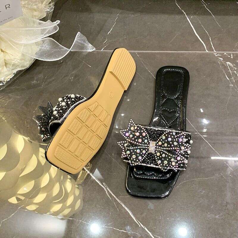 Crystal Bow Slippers For Women's Summer New Flat And Comfortable Sandals Wearing Rhinestone Sandals For Outerwear High-quality Designer Sandals F