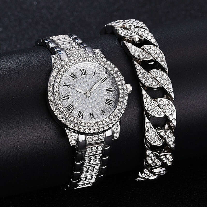 Roman Dial Steel Band Starry Sky Elegant Business Quartz Hip Hop Style Full Diamond Bracelet Watch Set