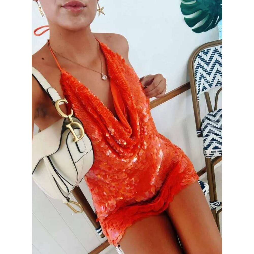 Sequins Glitter Halter Mini Dress Women Backless Sleeveless Evening Party Holiday High Waist Sexy Dresses 2025 New Fashion Night