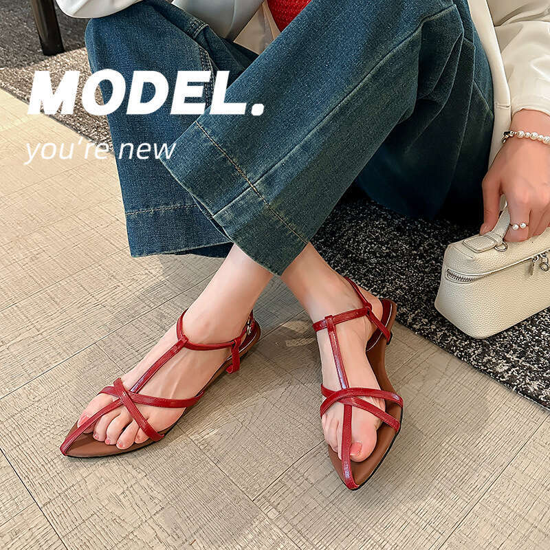 Su Yinyin Same Style Summer New French Cross Strap Elegant Pointed Open Toe Roman Sandals for Women Mid Heel