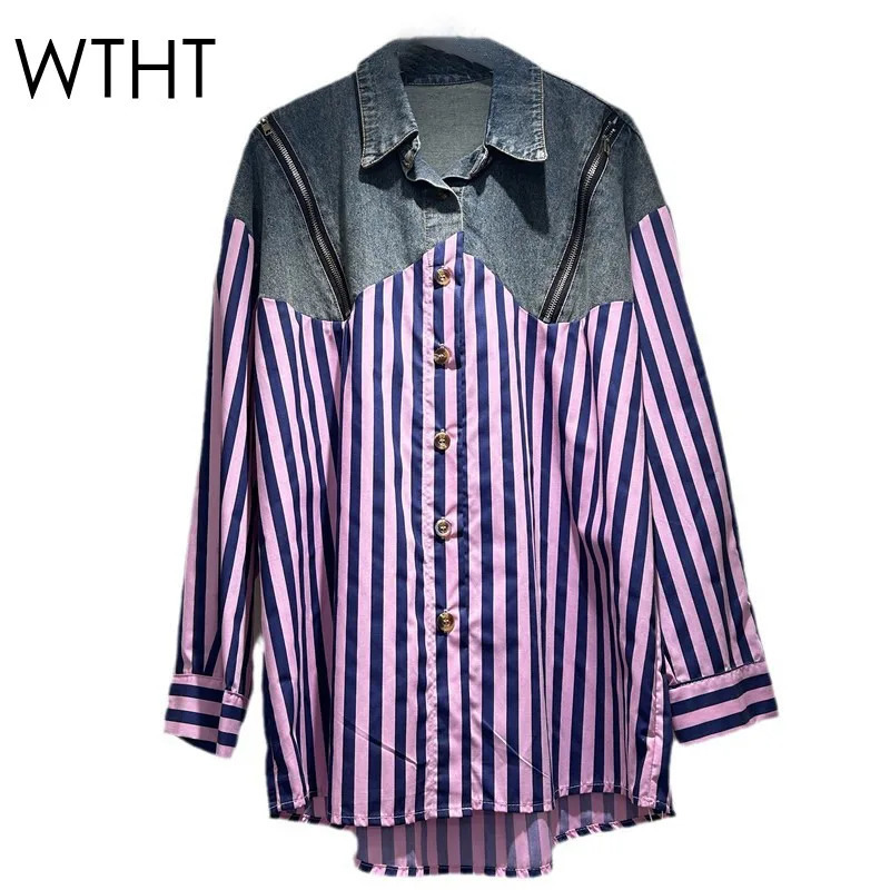 WTHT Womens Patchwork Denim Striped Shirt Winter Trendy Double Zipper n Long Sleeves Blouse Female 1LS638 250523