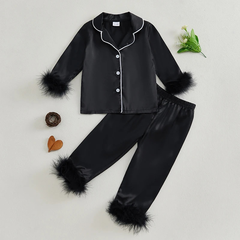 Children Kids Baby Girls Satin Pajamas Set Sleepwear Pijama Solid Feather Trim Long Sleeve Shirts Pants Loungewear 250527