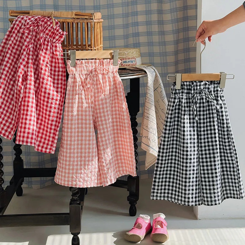 Childrens Summer Straight Pants Plaid WideLegged NineMinute Girls Fine Bud Waist Dress Casual 250527