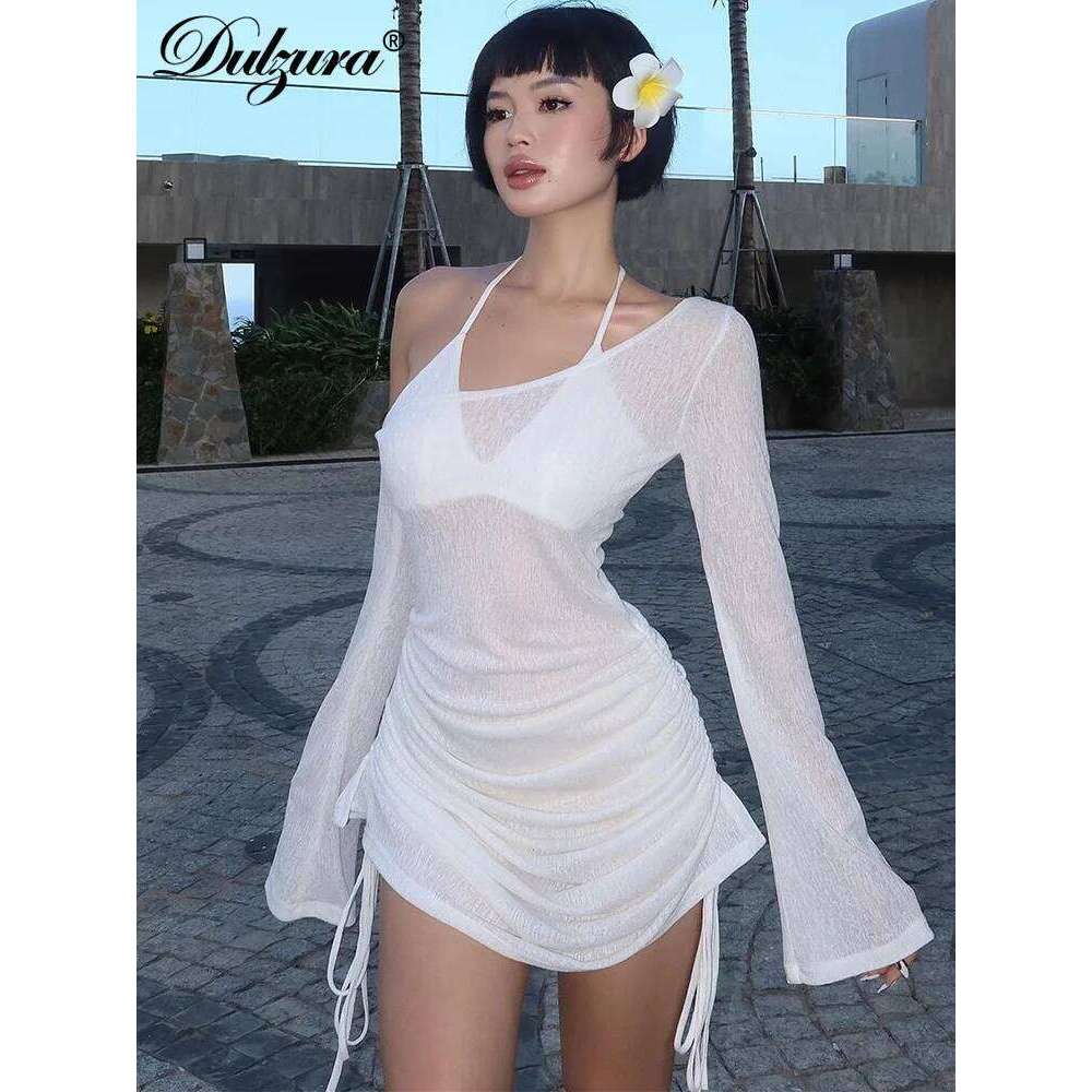 Hot Tight Dresses Dulzura Solid Skew Collar Ruched Straps Lace Up See Through Draw String Mini Dress Summer Women Party Clubwear Wholesale Casual Knee