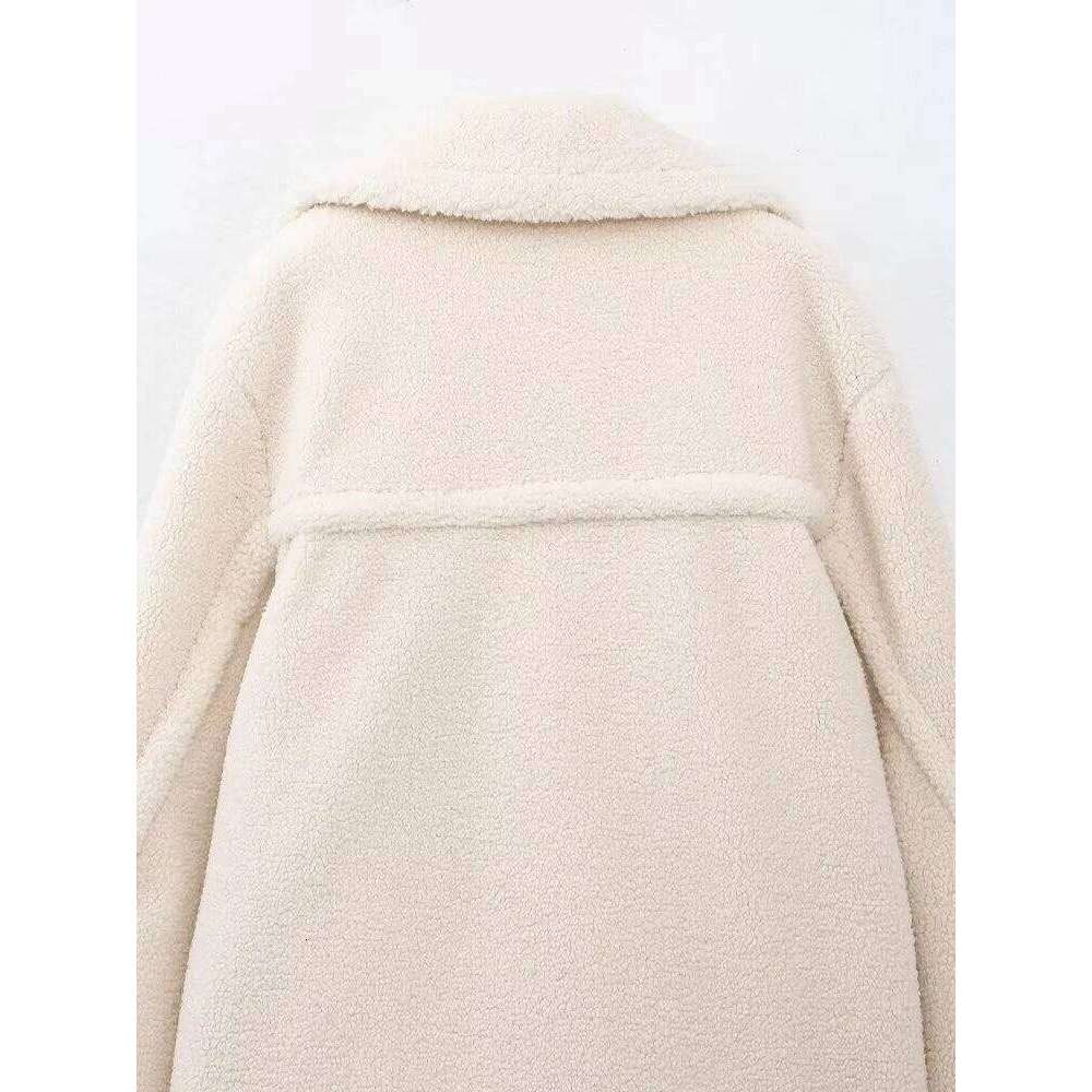 EAM Beige Big Size Thick Lamb Wool Jacket Loose Fit New Lapel Long Sleeve Women Coat Fashion Tide Spring Autumn 2025 30A2929