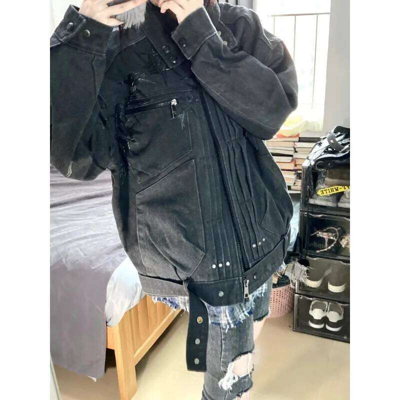 American Vintage Splicing Distressed Design Zipper Denim Men High Street Trend 2025 New Versatile Couple Winter Jackets