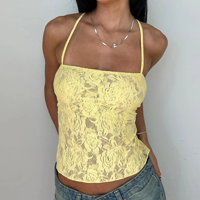 Rockmore Floral Lace Mesh Sheer Camis Vintage Spaghetti Strap Top Women Summer Sleeveless Vest Y2K Fairycore Backless Crop Tops 250523