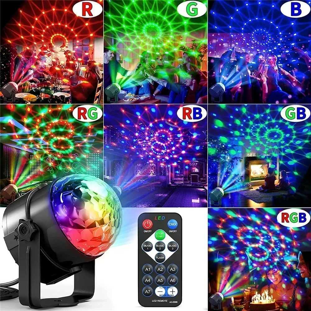 RGB LED Stage Disco Light Rotating DJ Ball Strobe Remote Sound Control Magic Dance Car Christmas Gift Party Club Laser Show Lamp XJ250527