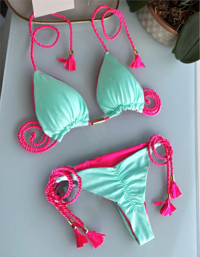 Free Shipping 2025 New Designer Shoes Swimwear New Triangle Bag Women's Split Solid Sexy Multi Color Woven Rope Bikini