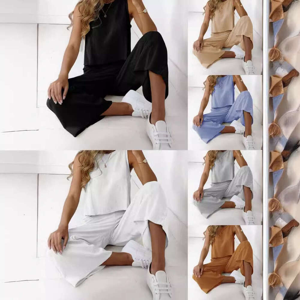 2025 New Cotton Linen Women's Summer Casual Sleeveless Top Wide-leg Pants Two-piece Set