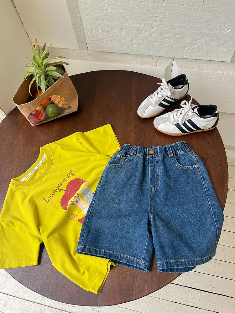 Summer Boys and Girls Casual Korean Embroidered Back Letter Fashion Denim Shorts Children Clothing 250527
