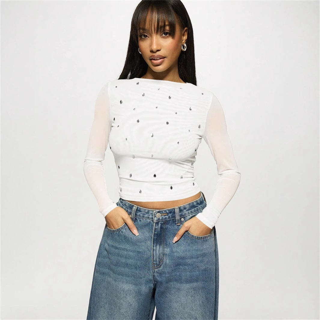 Summer new women's casual printed slim fit semi transparent hollow long sleeved T-shirt