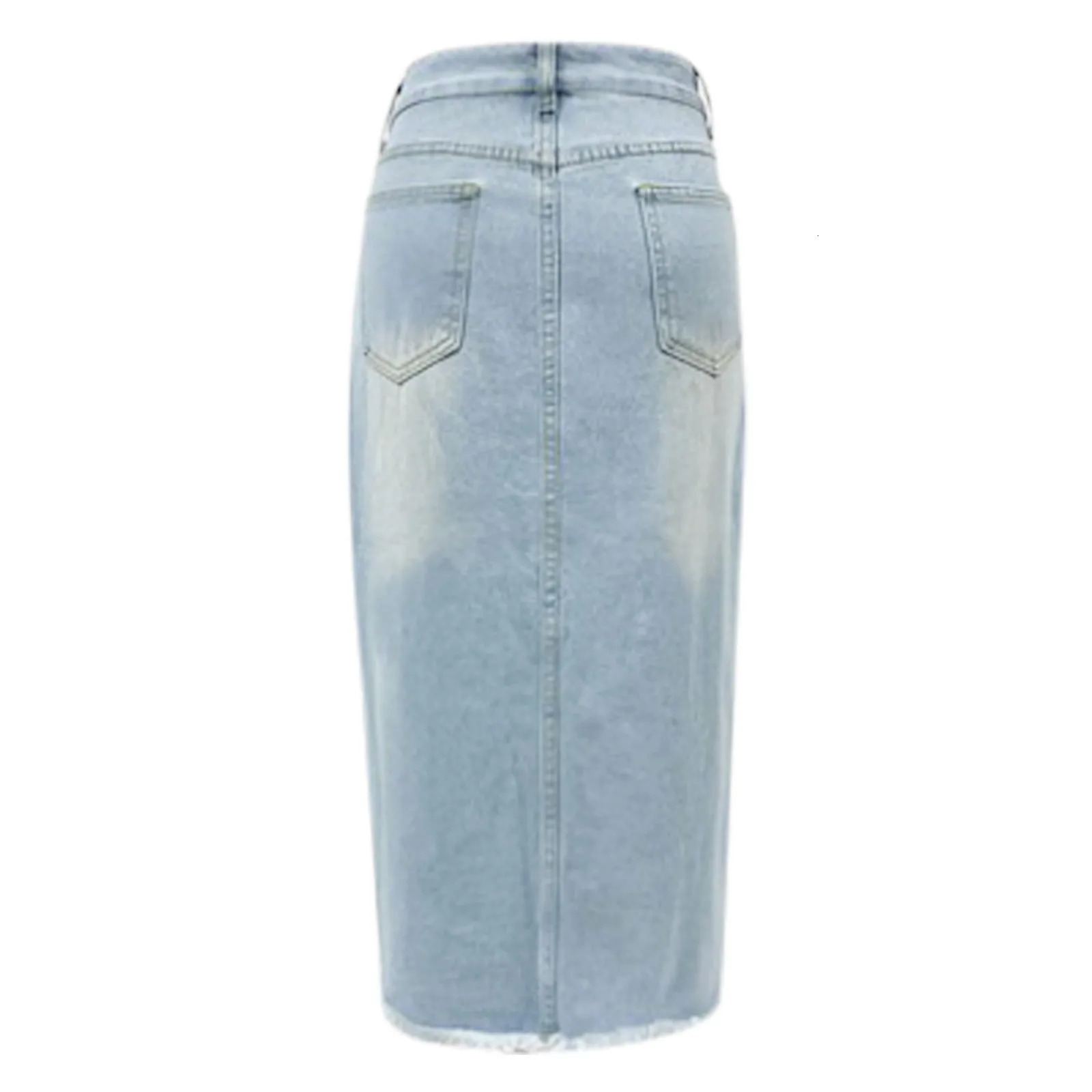 Women Mid Length Jean Skirt With Pockets High Waist Front Split Bodycon Striaght Skirts Washed Light Color 250516Z