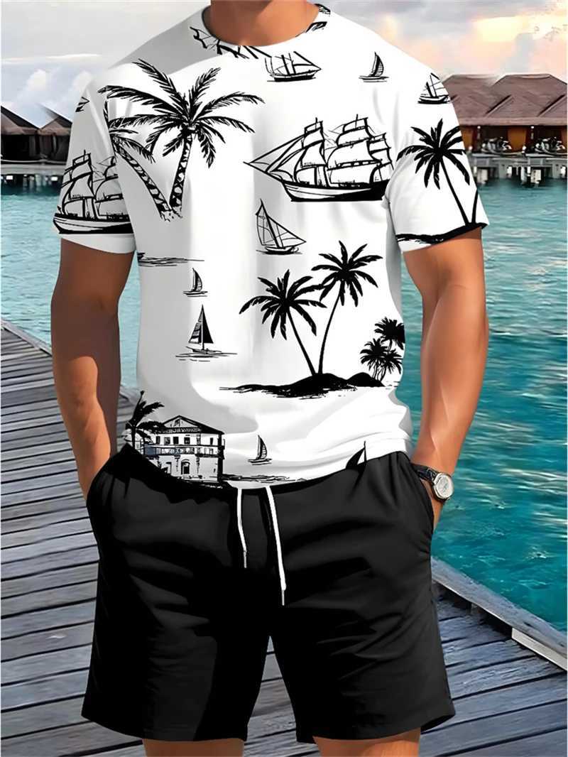2025 Summer New Mens Short Sleeve Palm Tree Print T Shirt Fashion Mens Vacation Beach Casual Shirts Graphic Tee Summer Tops Z250527