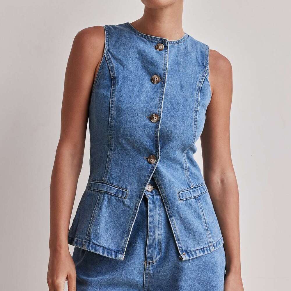 2025 Spring/Summer New Fashion Sleeveless Waist-Cinching High-Waist Loose Denim Shorts Set