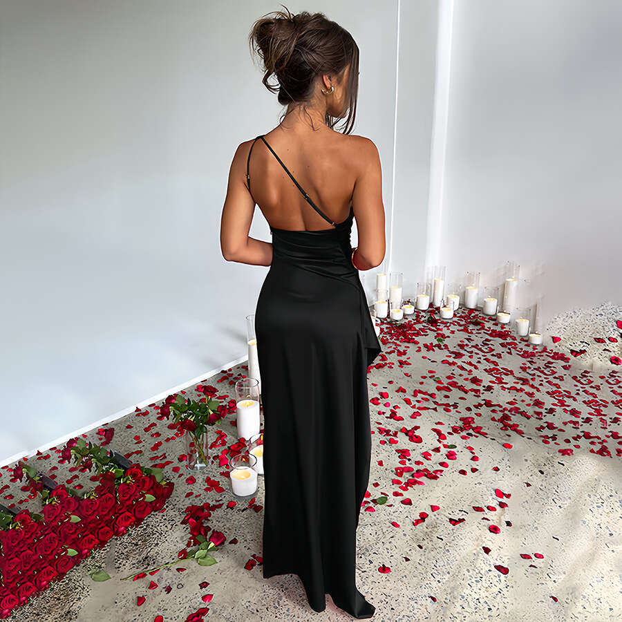 2025 Summer New Design Sense Elegant Sexy Slim Fit Asymmetric Shoulder Split Satin Dress for Women