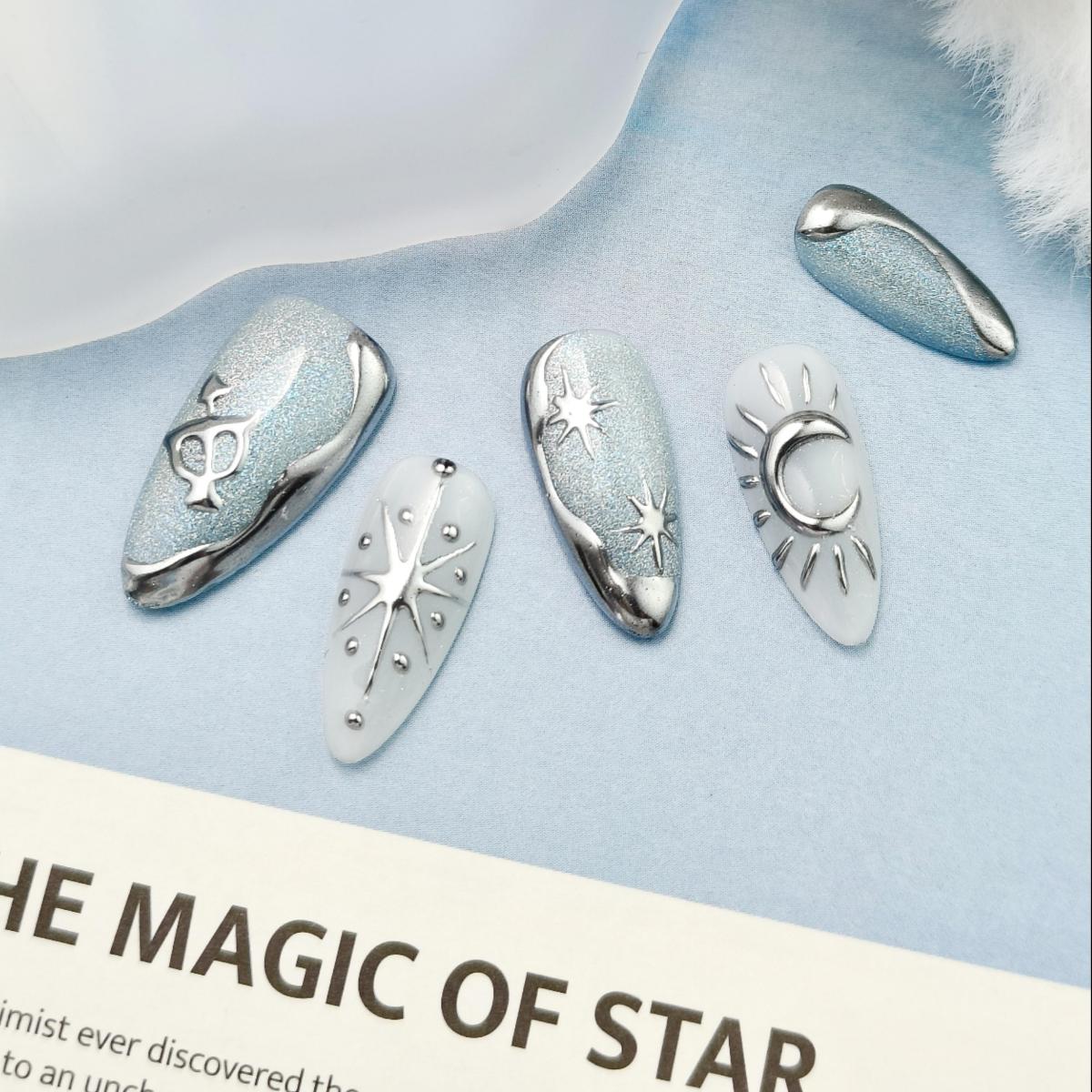 10pcs Handmade Press-on nails Medium Almond Nails Celestial Collection 3D Stars Moon Fake nails Bundle Finished nail stickers Free storage box jelly g
