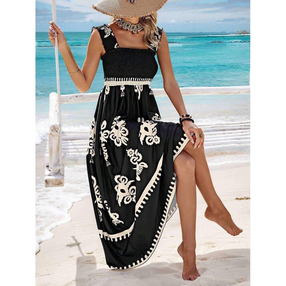 2025 New Women's Beach Vacation Style Printed Strapless Dress