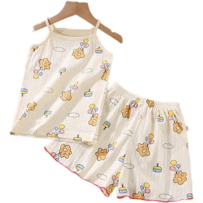 Children Suspender Set Summer Girls Cotton Pajamas Vest Shorts Cartoon Sleeveless Cute Soft Sleepwear Cherry Print 2PCSSet 250527