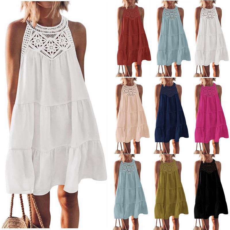 Explosive hollowed out lace patchwork hanging neck A-line dress