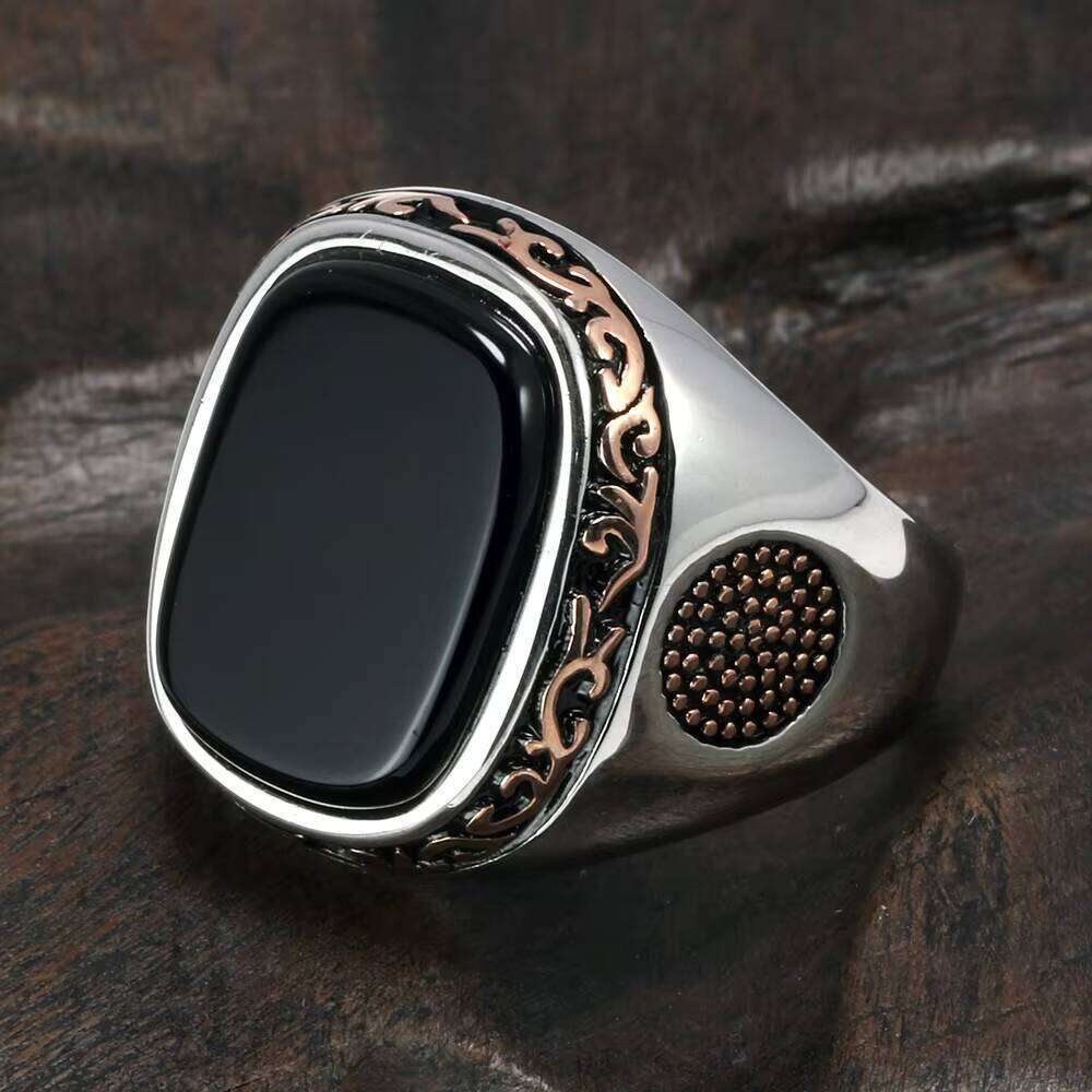 Real Pure Sterling Sier Jewelry Mens Retro Vintage Turkey Ring for Men With Natural Black Agate Stones