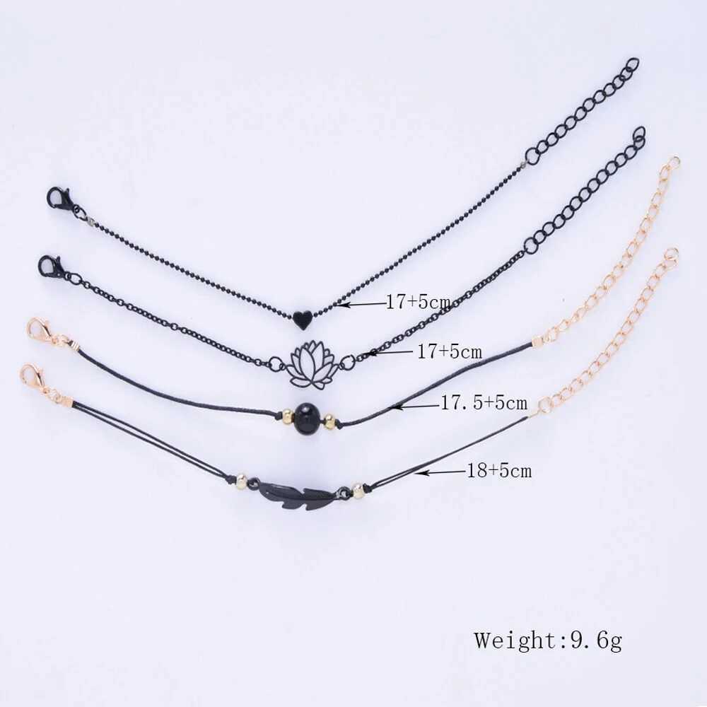 SUMENG 2024 New Fashion 4PCs Gothic Black Feather Lotus Bracelets Set Heart Charm Boho Bangles For Women Wrist Chain W250526
