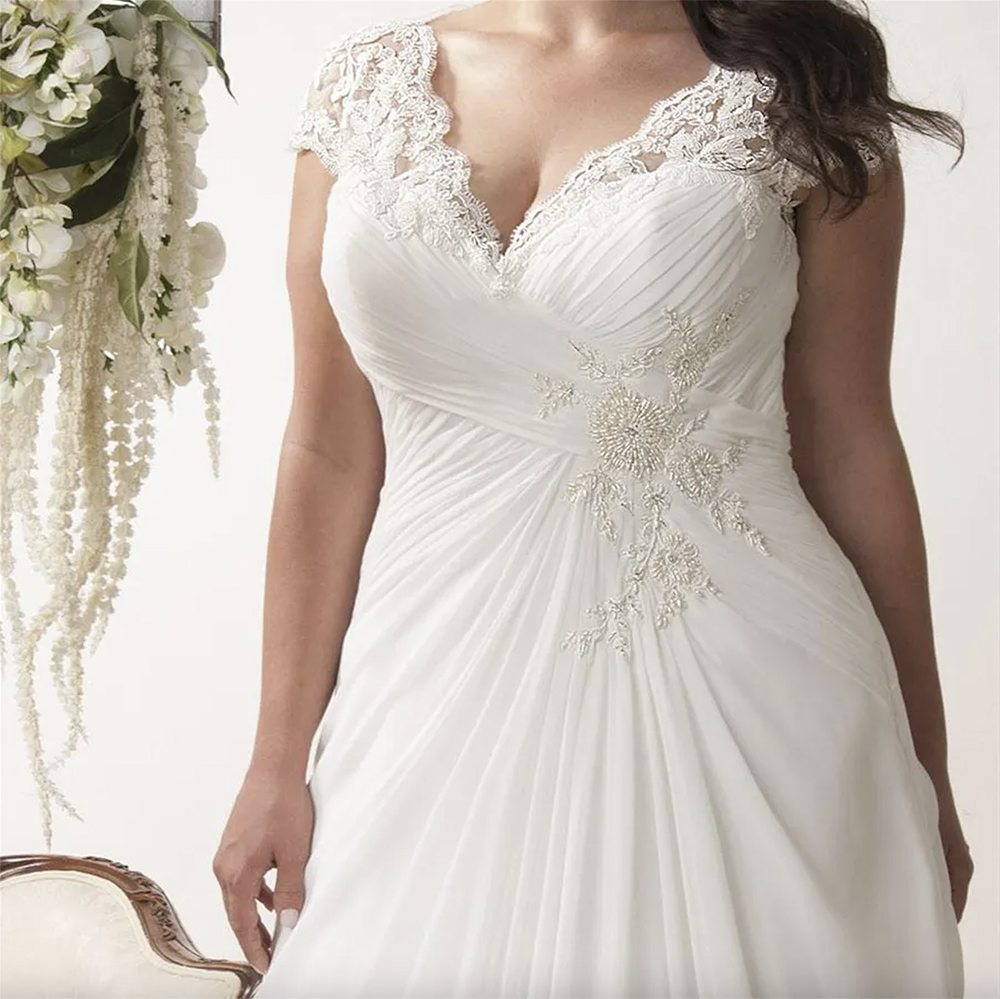 V Neck Cap Sleeves Plus Size Wedding Dresses Chiffon Appliqued Lace Open Back Drape Side Ruched Bodice Bridal Gown