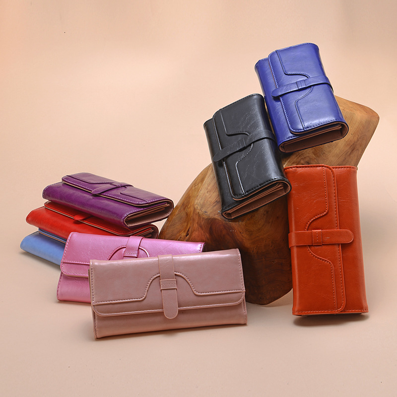 Free Shipping Designer Wallet High-quality New Women's Handbag Long Fashion Oil Wax Leather, Three Fold Draw With Key Mobile Phone Bag Solid Colo