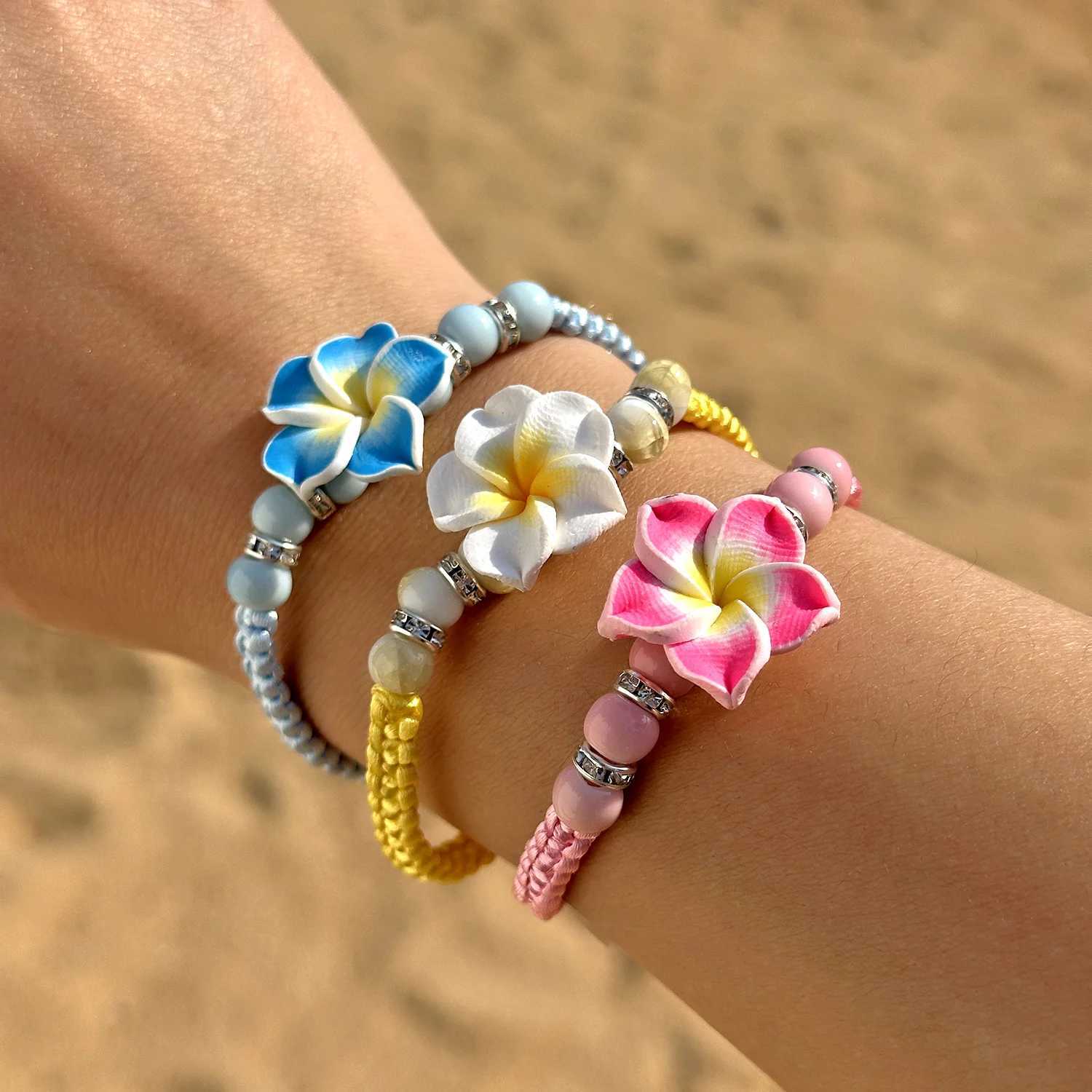 Bohemian Big Flower Charm Bracelets For Women Pink Red Blue Green Flowers Soft Clay Pottery Beaded Bangles Girls Party Jewelry W250526