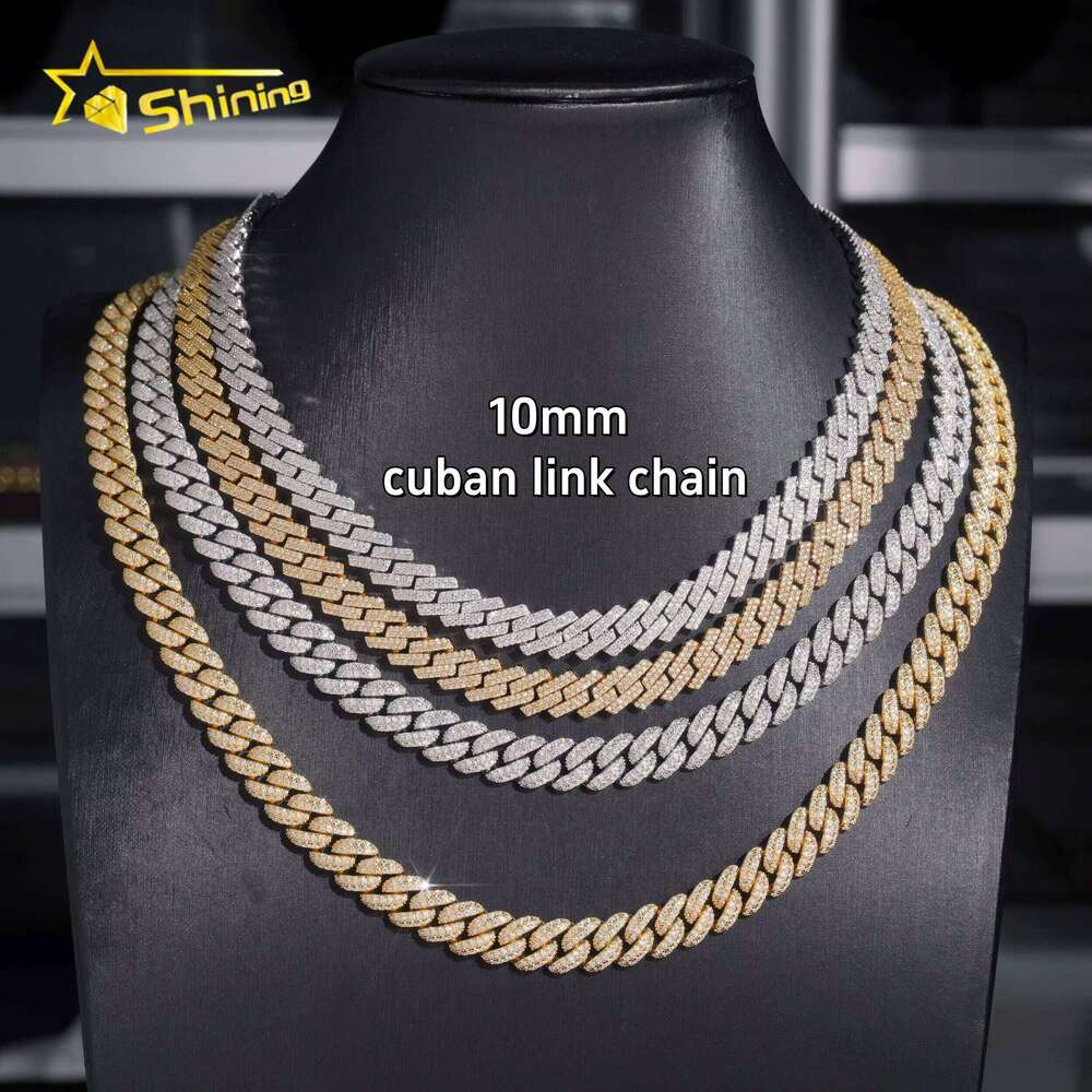 Hip Hop Fine Jewelry Factory Direct Sell 10MM Iced Out Sterling Sier White Gold Plated Moissanite Cuban Link Chain Men