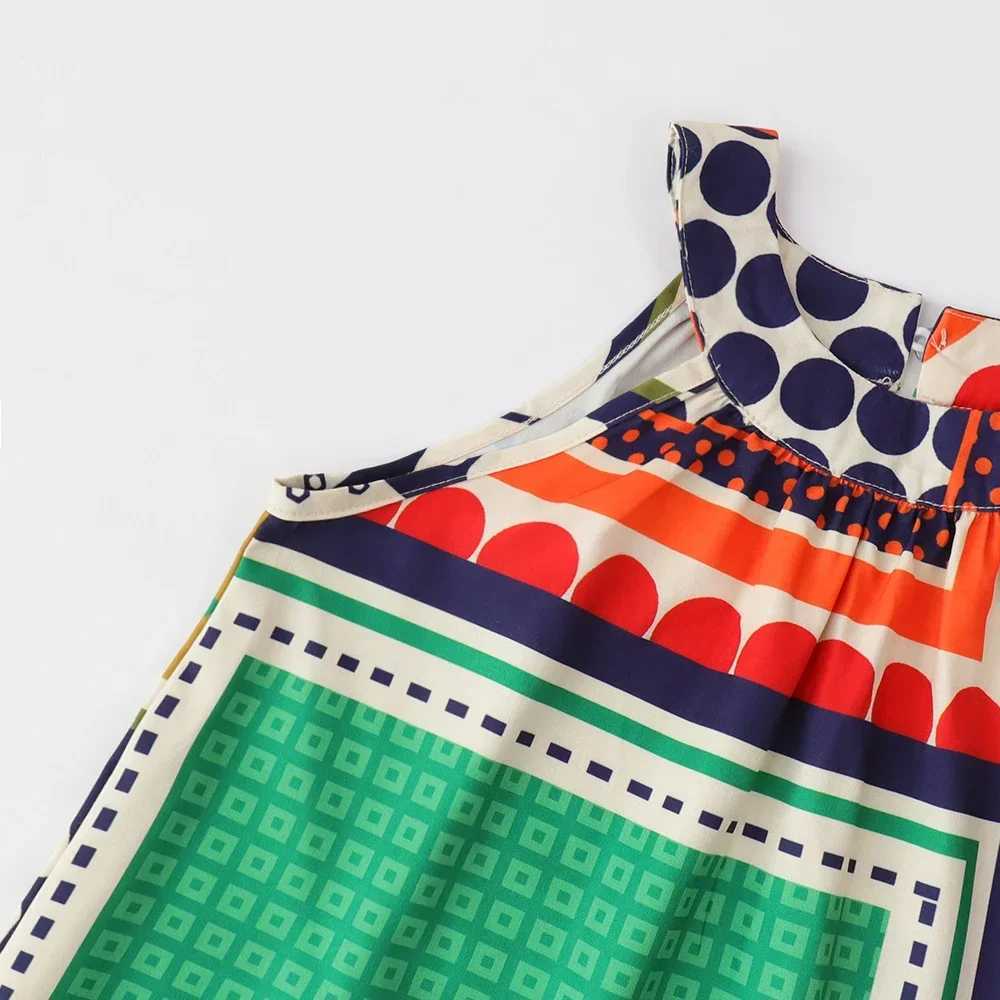 Summer Girls Clothing Geometric Pattern Hanging Neck Dress Sleeveless Strap Spliced Dress Kids Dresses for Girls X250528