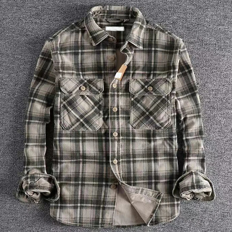 Vintage Japanese Men Plaid Long Sleeve Shirt Autumn Fashion Comfortable Corduroy Artistic Trendy Classic Shirts Tops 250527