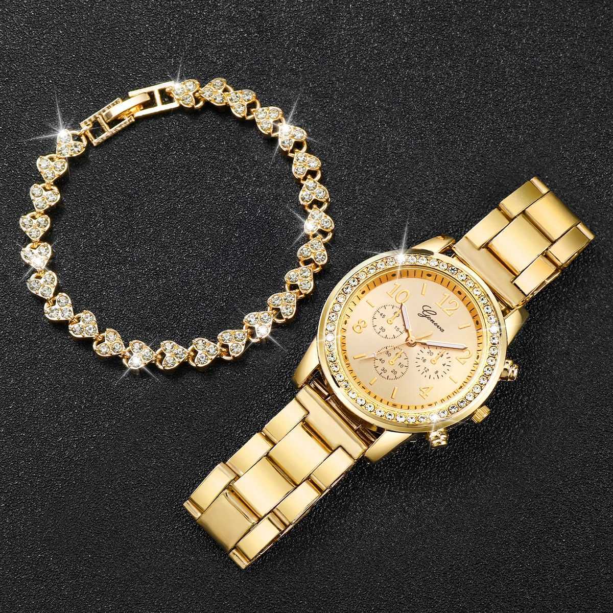Fashion Women Stainless Steel Gold Color Quartz Watch Diamond Bracelet XJ250527