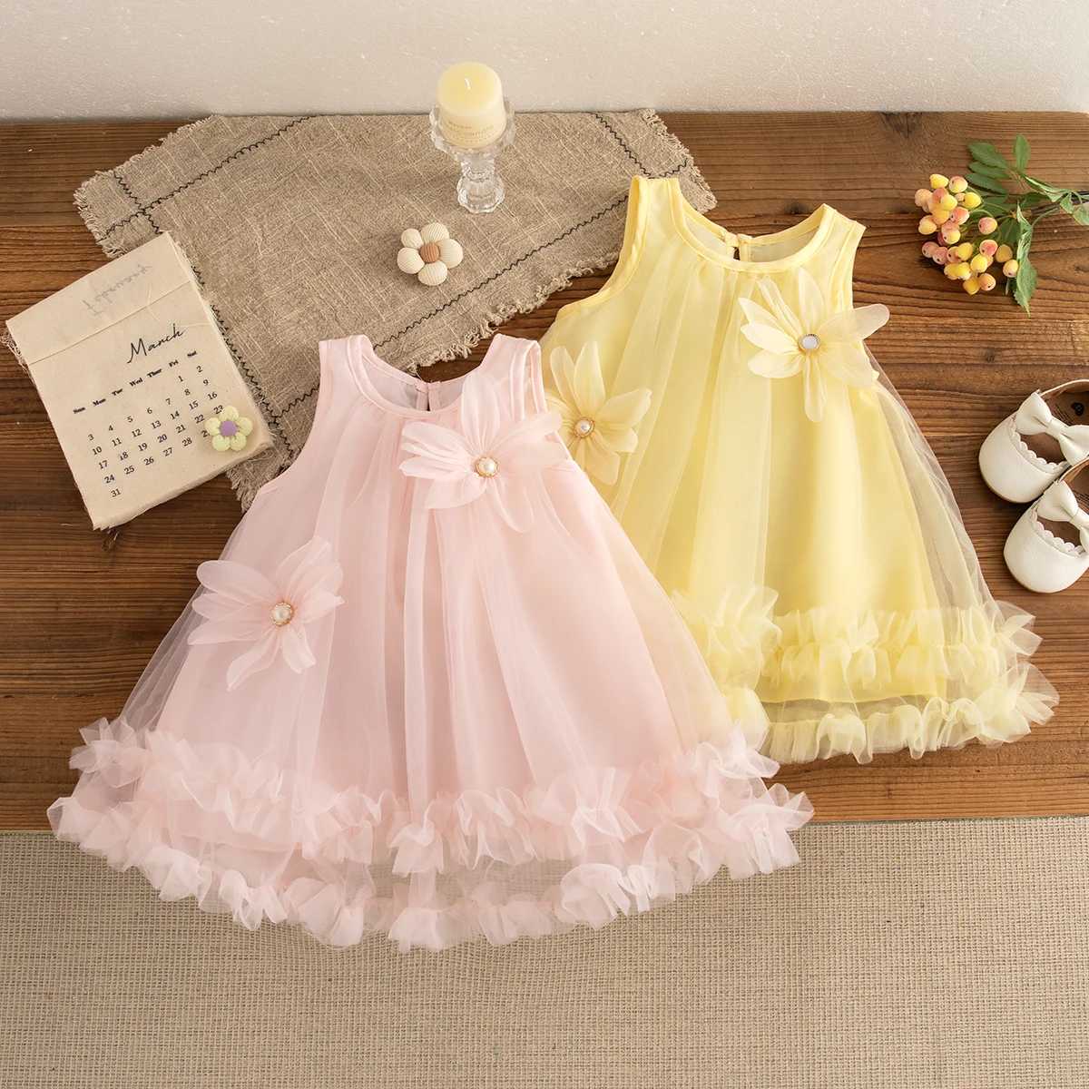 Baby Girl Pink Dress Flower Sweet Sleeveless Feather Gauze Princess Dress Wedding Party Dress for Kids Girl X250528