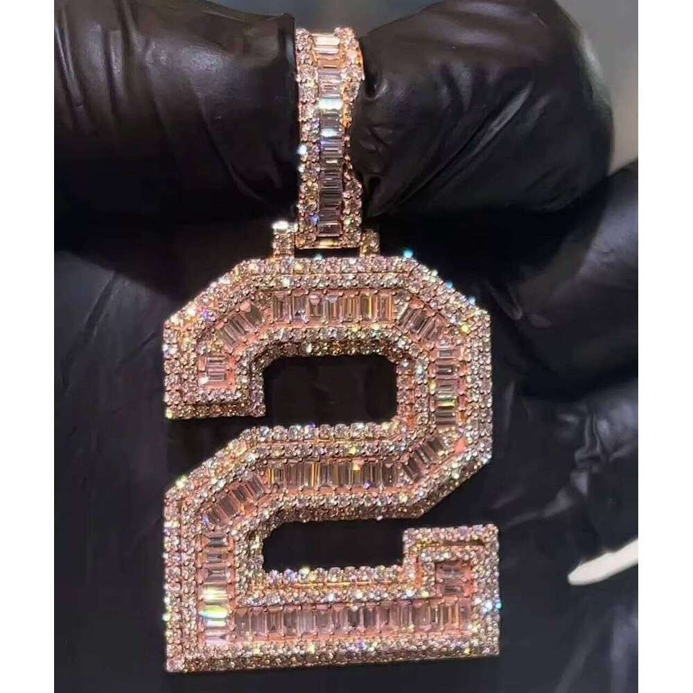 Rose Gold Baguette Letter Hip Hop Jewelry Iced Out Sterling Sier Moissanite Charm Pendant Number