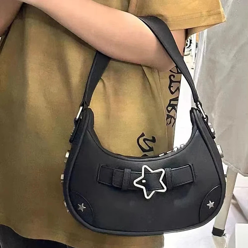 Womens Fashion PU Small Shoulder Bag Y2K Star Armpit Purse American Retro Black Chic Hobo Bag High Quality Handbag 250527