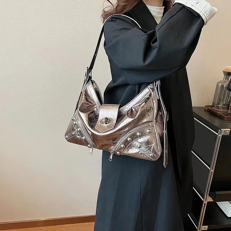 Y2K Vintage Gothic Cool Shoulder Underarm Tote Bag Ladies Sling Bags Leather Rock Girls Zip Purses Casual Bagutte Women Handbags 250526
