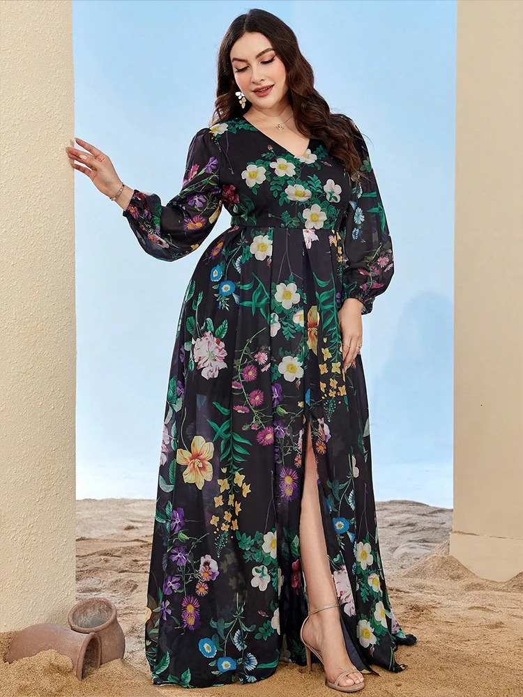 TOLEEN Women Plus Size Maxi Dresses Elegant Print Chiffon Dress With High Split Bohemian Aline Casual Fashion Bridesmaid 250517