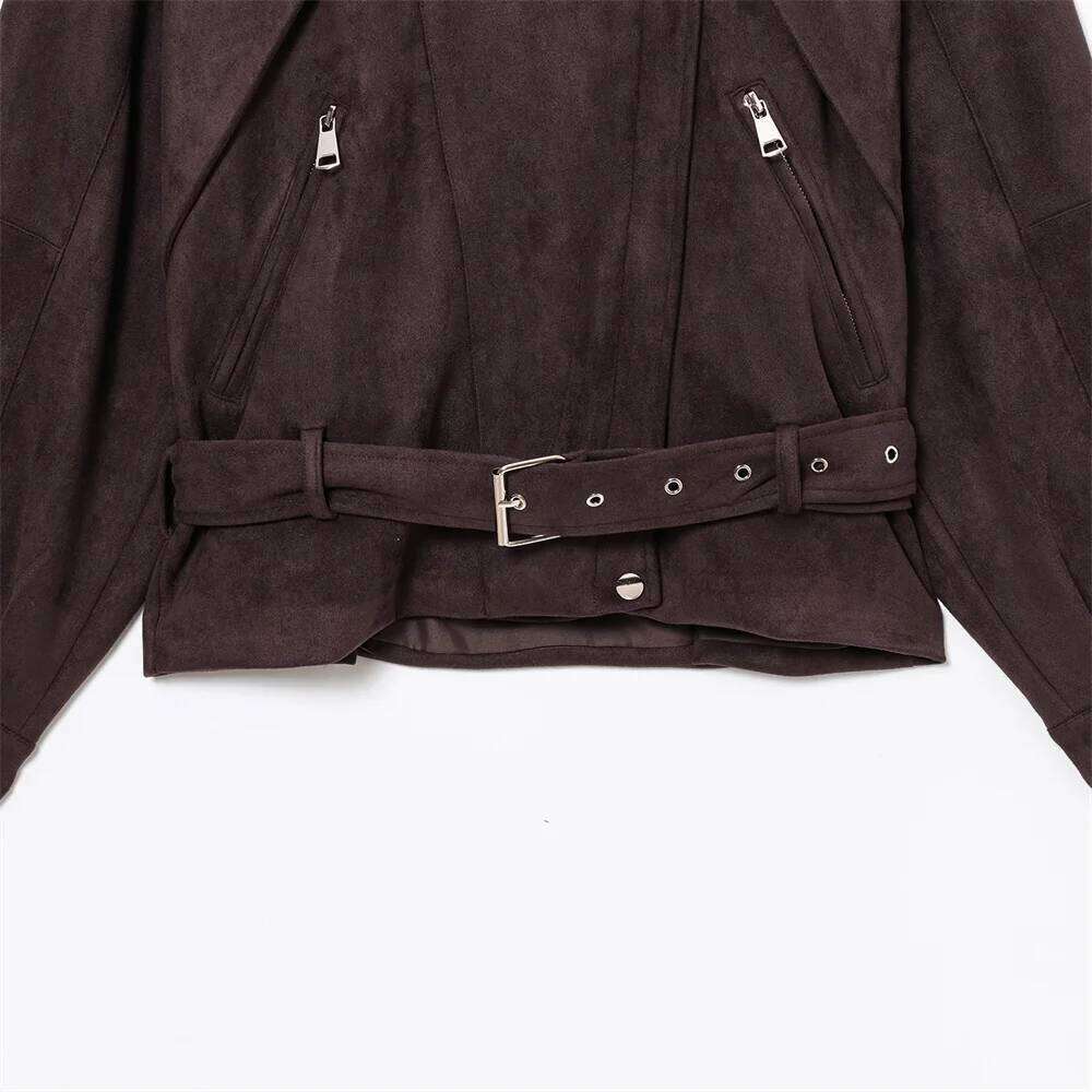 UNIZERA women's spring summer new fashion, simple and versatile suede motorcycle style jacket with belt