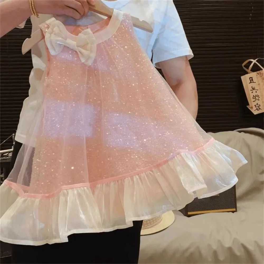 Bear Leader Korean Version Bow Sequin Mesh Princess Dress Sweet Sleeveless Round Neck Party Girl Clothes Kids Fashion Summer X250528