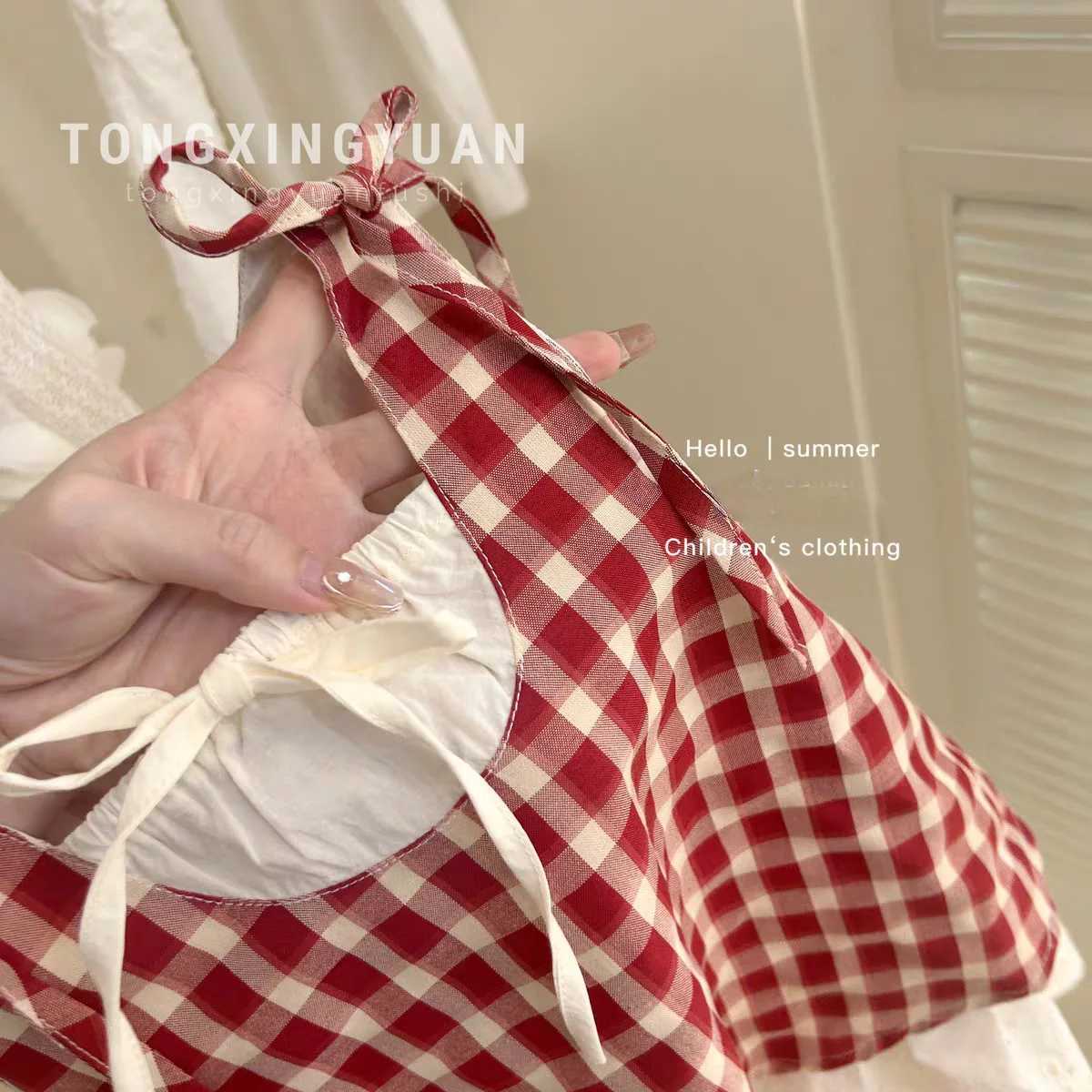 Children Clothing Girls Red Plaid Fake Two-piece Dress 2024 Summer New Children Baby Bow Vest Dress with Headscarf X250528