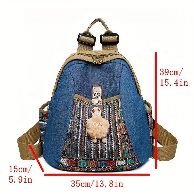 New Bohemian Denim Backpack Vintage Embroidery Spacious Travel Bag Casual Commuter Rucksack for College Student Office Daily Use